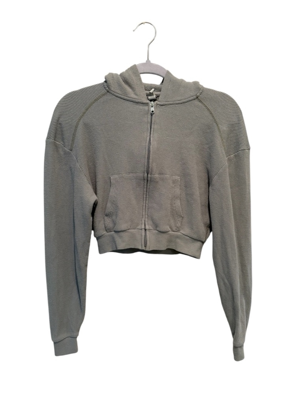 SKIMS Mineral Green Waffle Knit Zip Up  Cropped Hooded Jacket